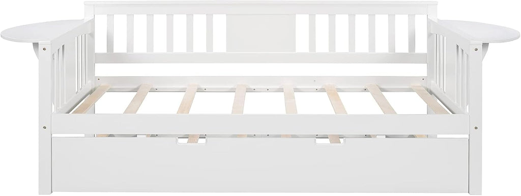 Twin Solid Wood Daybed and Trundle Frame Set with Headboard, Modern Sofa Bed with Tables/Rails for Bedroom Living Room (White+Tables)