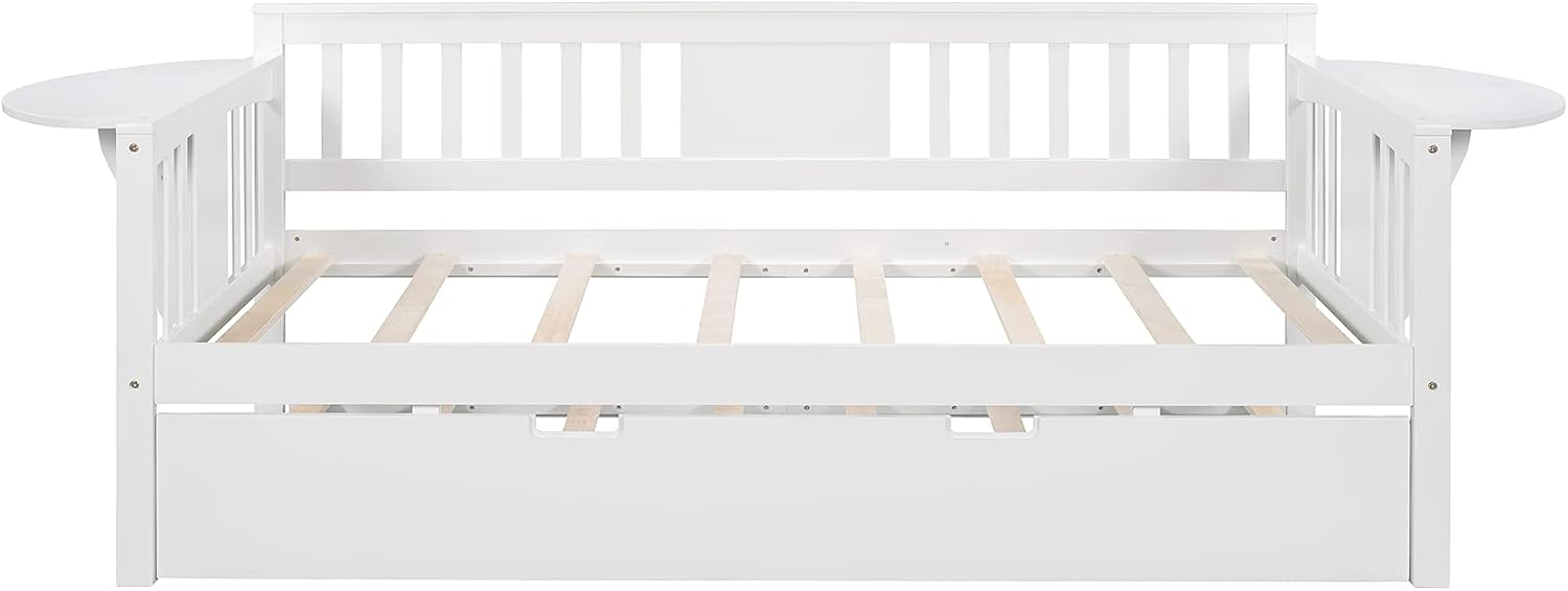 Twin Solid Wood Daybed and Trundle Frame Set with Headboard, Modern Sofa Bed with Tables/Rails for Bedroom Living Room (White+Tables)
