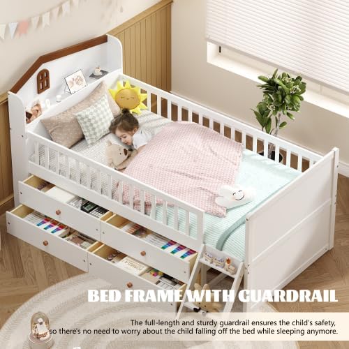 Bellemave Kids Platform Bed with Guardrail Headboard and Ladder, Twin Size Wooden Bed Frame with 4 Drawers for Boys Girls, White
