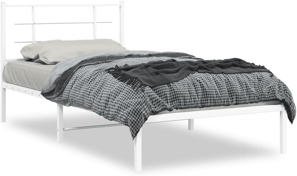 Twin Metal Bed Frame with Headboard White 39.4'x78.7' Sturdy Steel Platform Bed Frame with Underbed Storage Space for Bedroom Furniture, Guest Room, Dorm