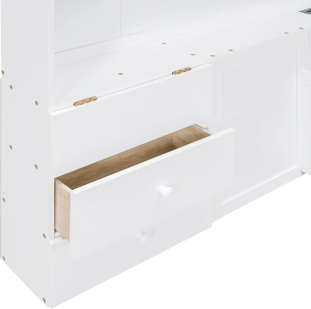 Harper & Bright Designs Twin Platform Bed with Window and Bedside Drawers, Wood Twin Size House Bed with Shelves, a Set of Sockets and USB Port, White