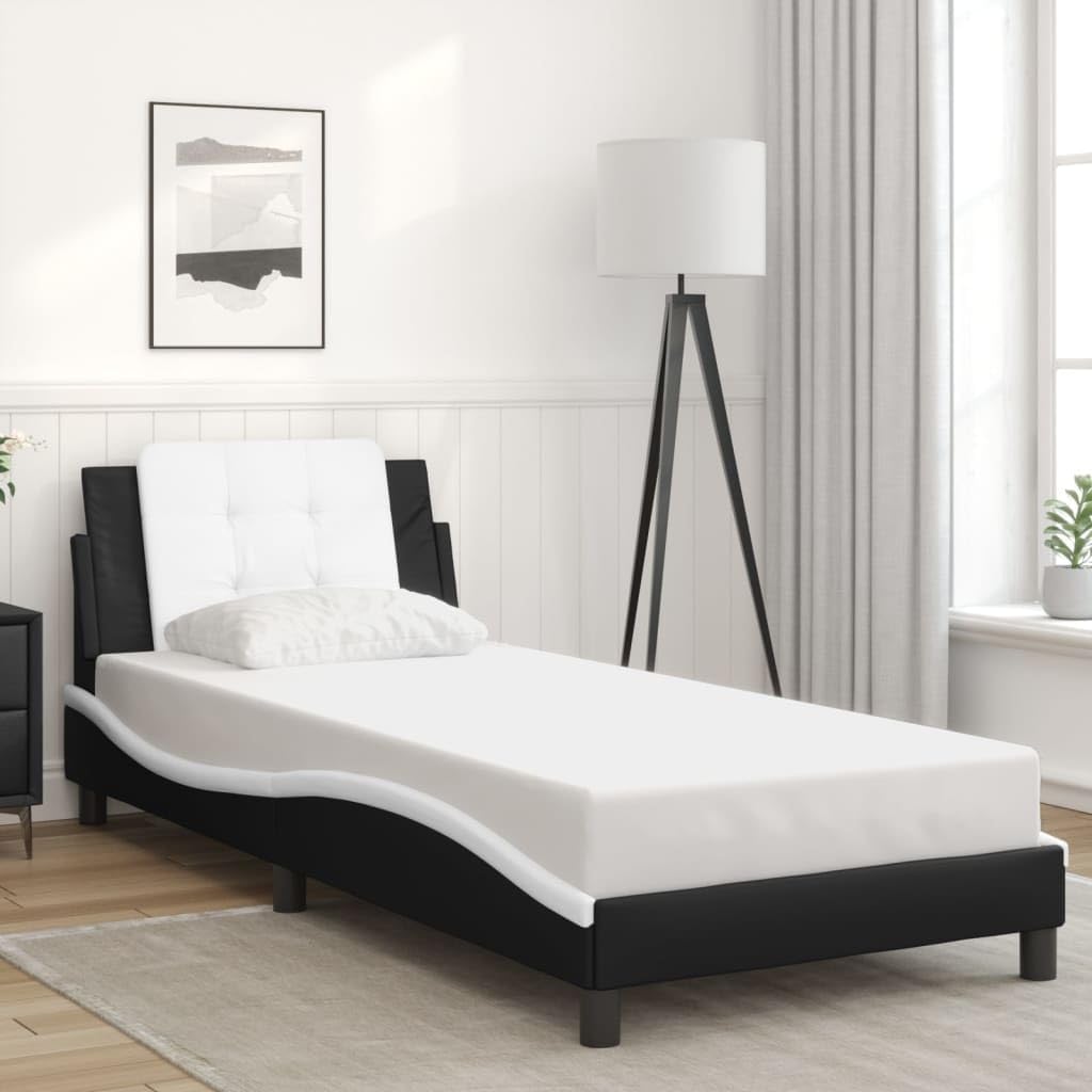Twin Bed Frame with Upholstered Headboard Black and White Faux Leather Platform Bed Frame Modern Waved Design for Bedroom Furniture