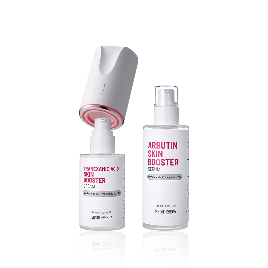 MEDITHERAPY Tranexamic Acid Skin Booster Cream with Device + Arbutin Skin Booster Serum - Korean Face Moisturizer 3% TXA, 2% Arbutin - At Home Face Massager Tool for Radiant Glow and Even Skin Tone