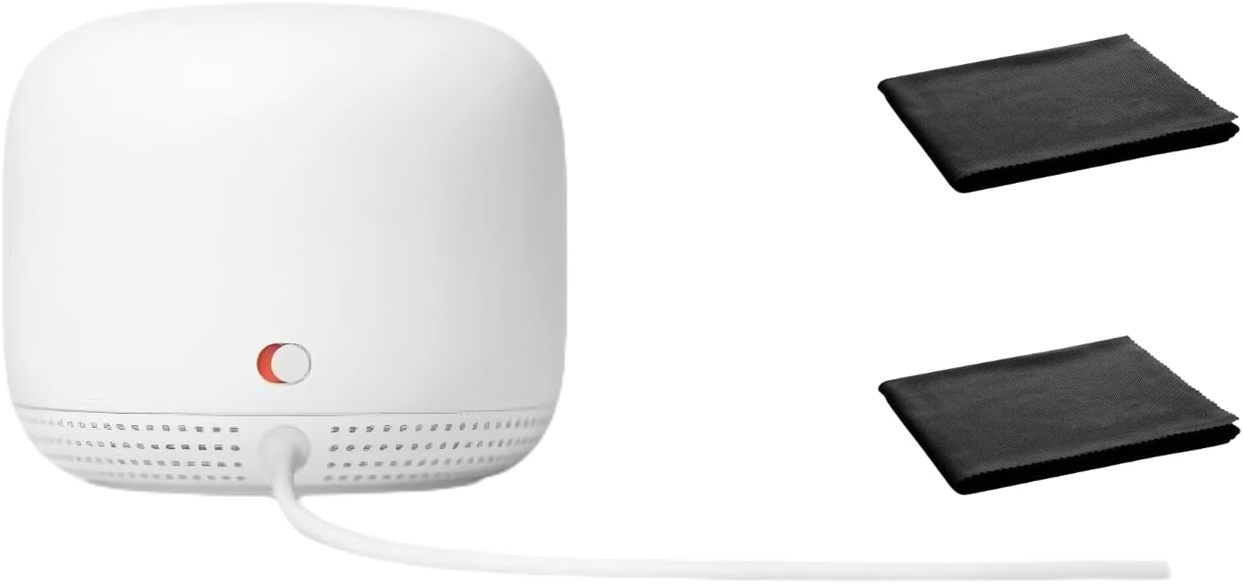 Google Nest WiFi Mesh Router (AC2200) with 2 Points, Google Assistant Built-in, 3-Pack, Snow – Whole Home Coverage up to 5400 Sq Ft, Multiple 4K Streams, Handles 200 Devices, W/ 2X Microfiber Cloths