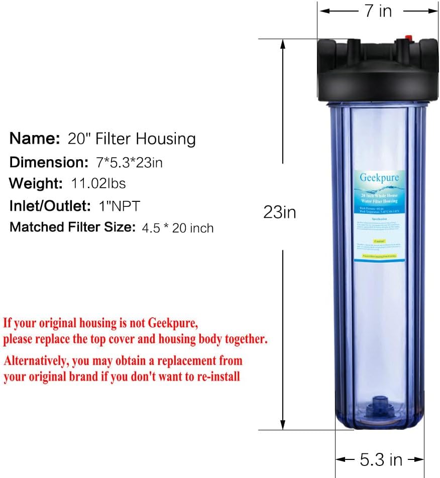Geekpure 20 Inch Clear Whole House Water Filter Housing with Wrench Bracket -4.5' x 20' - 1' NPT Brass Port -Pack of 3