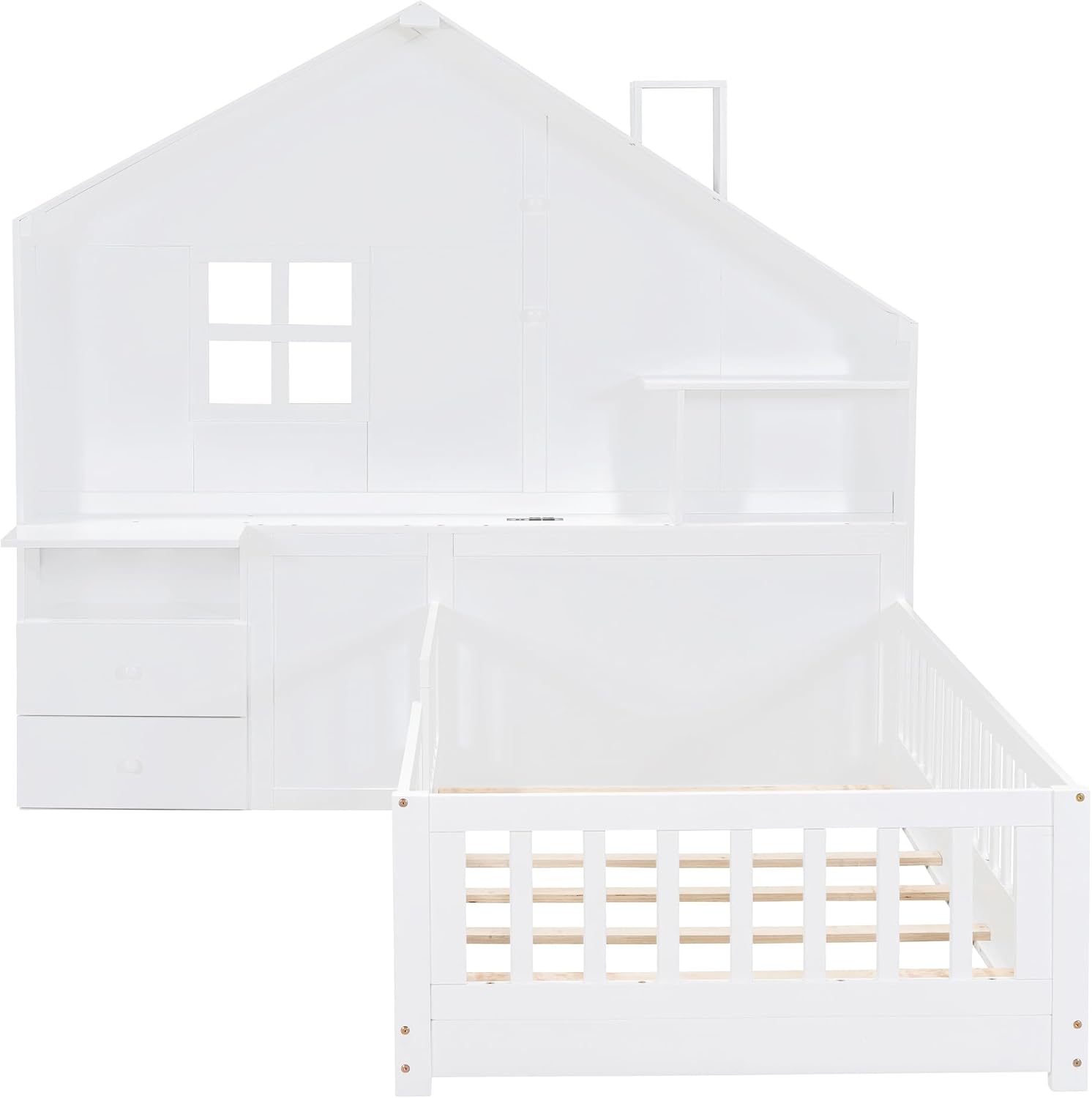 Harper & Bright Designs Twin Platform Bed with Window and Bedside Drawers, Wood Twin Size House Bed with Shelves, a Set of Sockets and USB Port, White