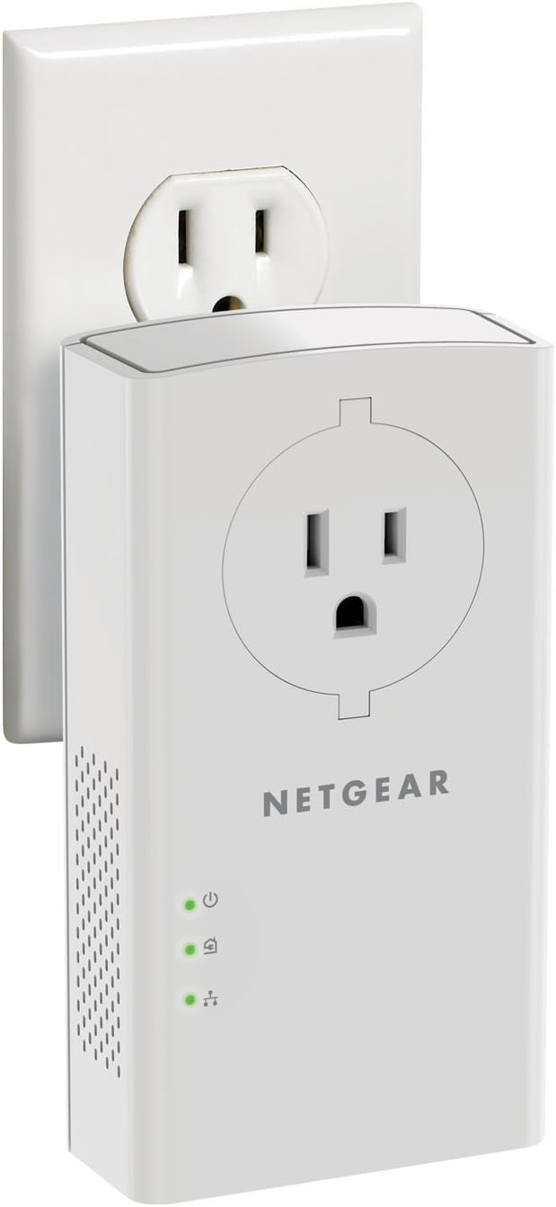 NETGEAR Powerline Adapter Kit, 2000 Mbps Wall-Plug, 2 Gigabit Ethernet Ports with Passthrough + Extra Outlet (PLP2000-100PAS), uses Your existing Internet Service via Household Wiring