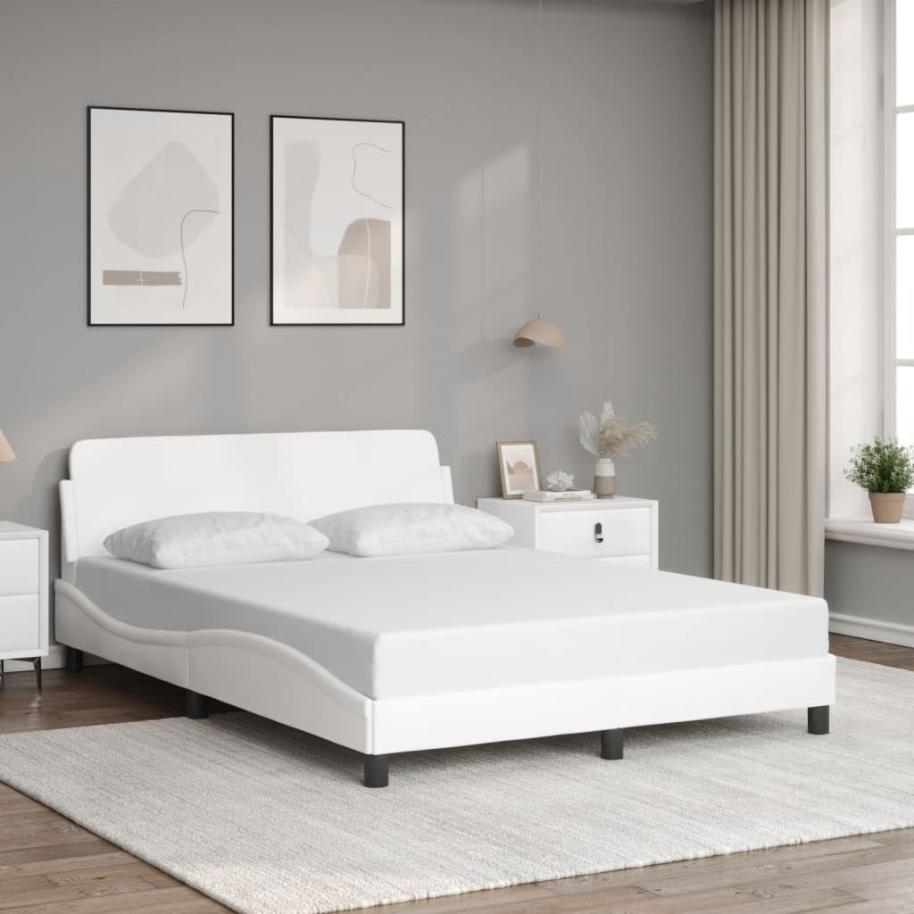 Upholstered Double Bed Frame White Modern Sleek Design with Headboard and Slatted Base for Bedroom Comfort Support