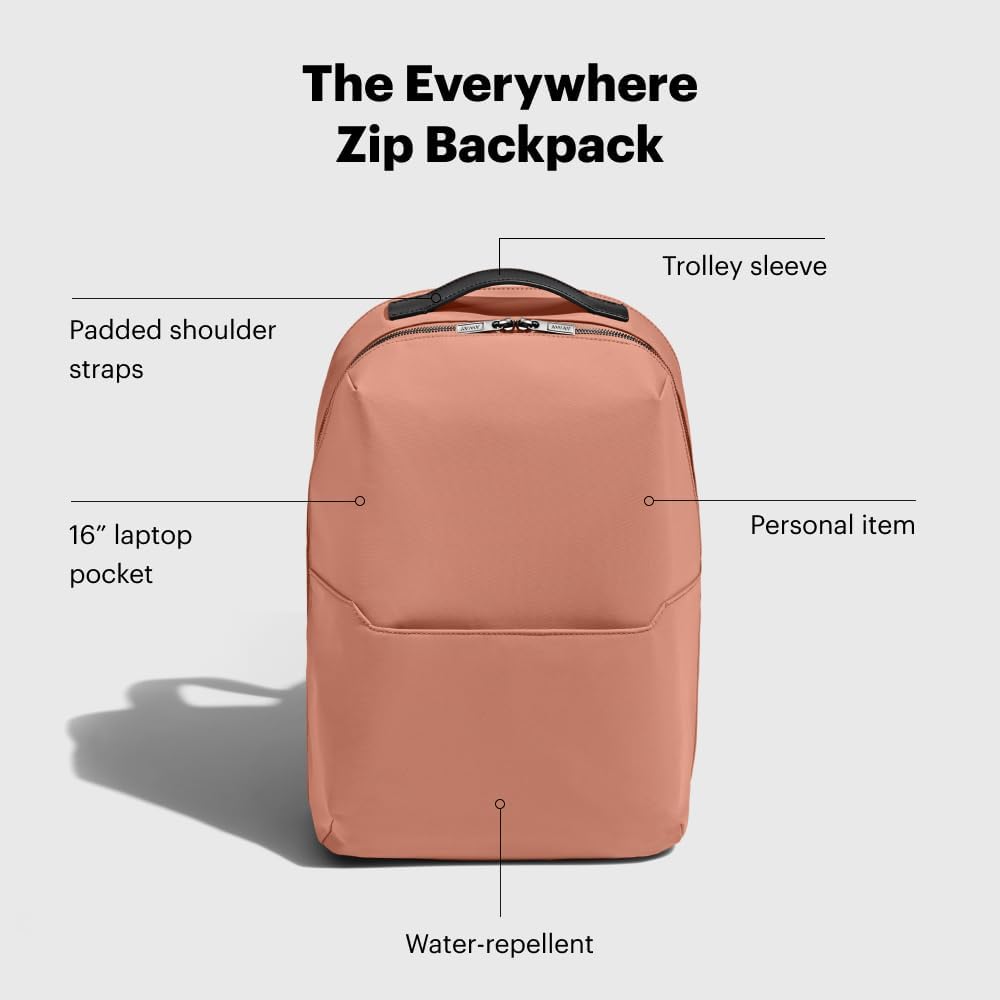Away The Everywhere Zip Backpack - Personal Item Airline Approved Backpack with 16' Padded Laptop Sleeve, Water Bottle Pocket, Interior and Exterior Pockets - Fits Up to 16-Inch Laptops - Clay Pink
