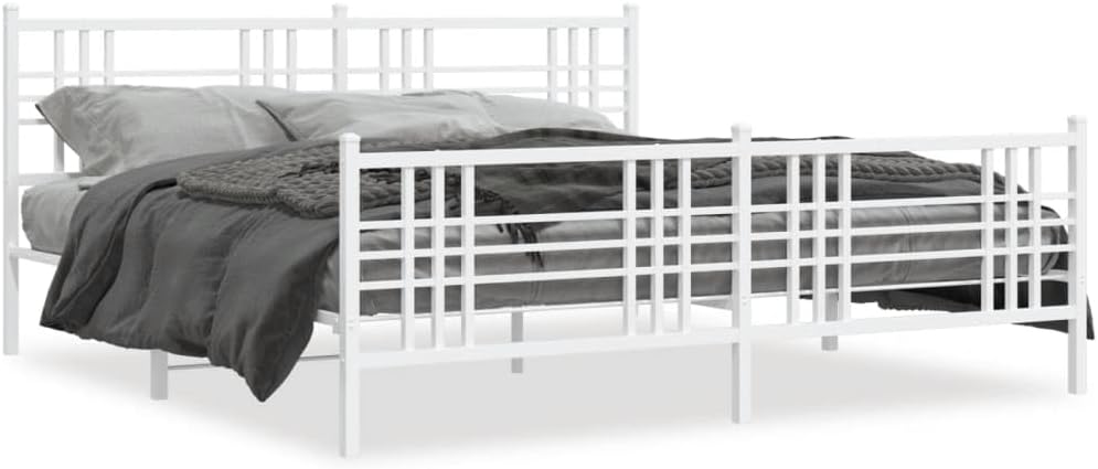 White Steel Double Bed Frame Rectangular Heavy-Duty Metal Platform with Breathable Design, Sturdy Construction and Versatile Style, 78.0 in x 81.5 in x 35.4 in Dimensions