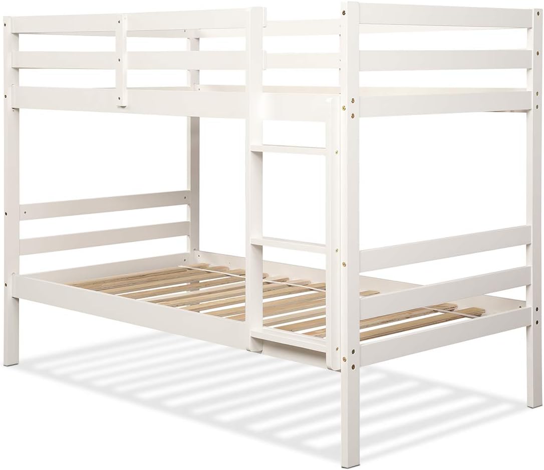 Costzon Twin Over Twin Bunk Beds, Wood Convertible Two Beds, Solid Rubberwood Bunk Bed with 1 Pcs Built-in Ladder and Safety Rails, No Box Spring Needed, Space Saving Bed Frame for Bedroom (White)