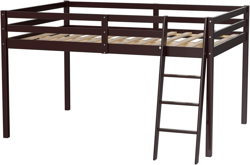VINGLI Junior Low Loft Bed with Inclined Stairs, Wood Loft Bed Full Size for Adults, Kids and Young Teens, No Box Spring Required,Wood Slat Support, Espresso