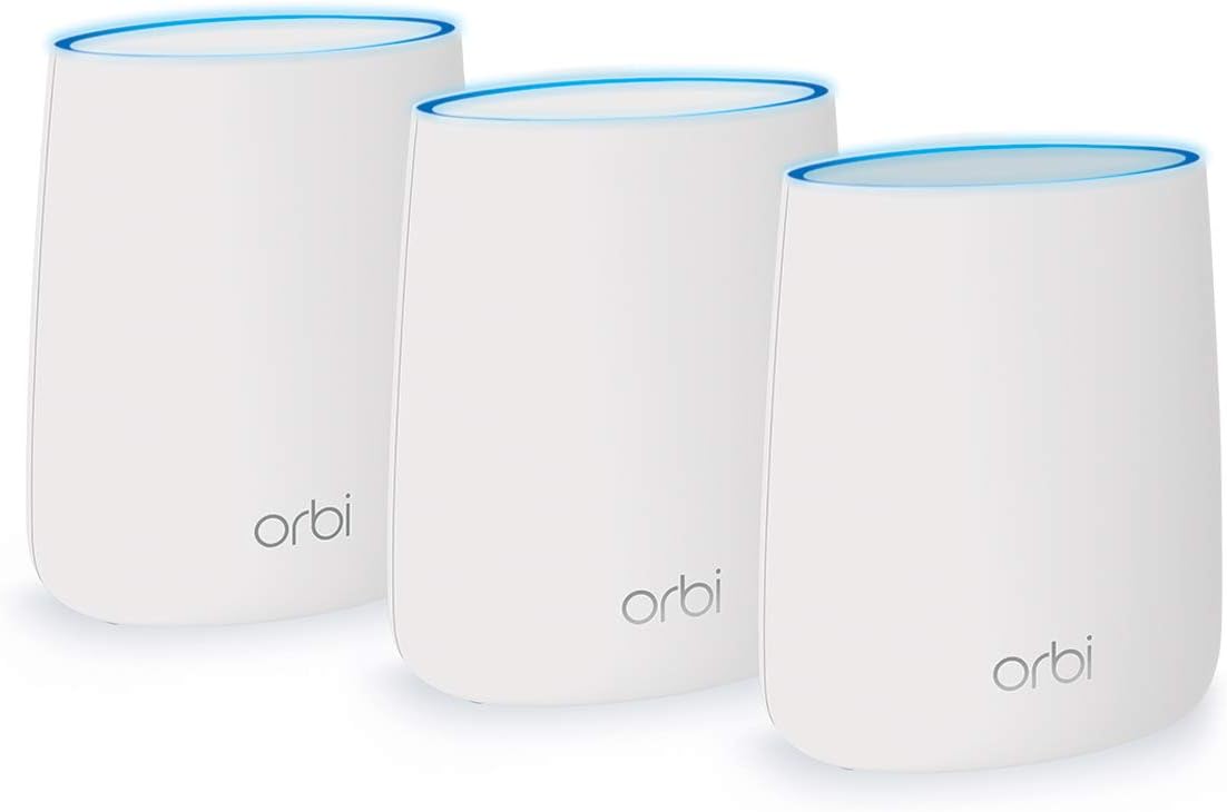 NETGEAR Orbi Tri-band Whole Home Mesh WiFi System with 2.2Gbps speed (RBK23) Router & Extender replacement covers up to 6,000 sq. ft., 3-pack includes 1 router & 2 satellites (Renewed), White