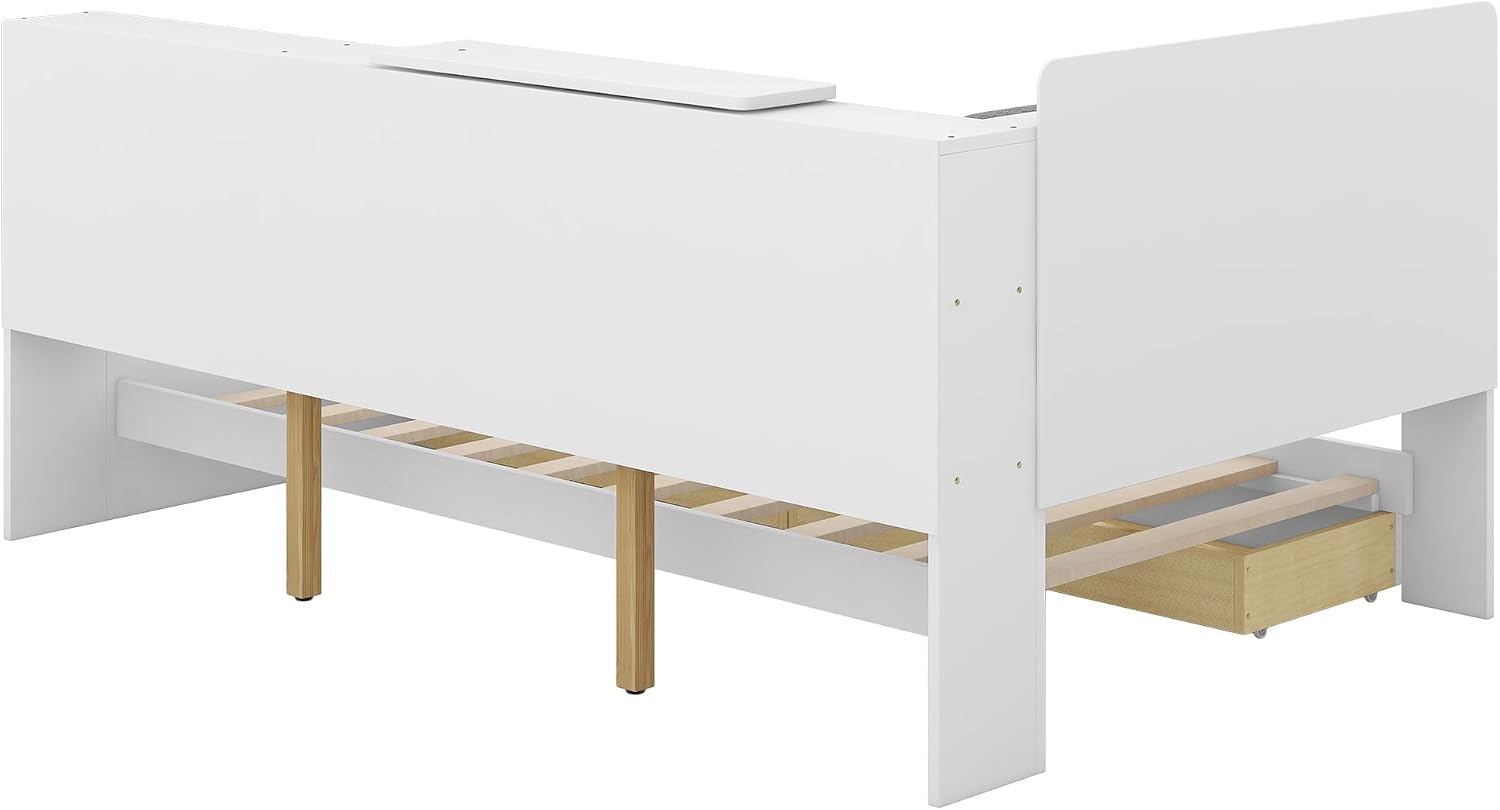 Twin Size Platform Bed with Storage Headboard and Shelves, Wooden Daybed Frame with Side Bookcase and 2 Drawers,Wood Slat Support, Rotatable Storage Board (White-83J)