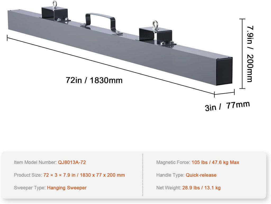 Happybuy 105lbs Hanging Magnetic Sweeper Pickup Tool, Nail Hang-Type Magnetic Forklift Sweeper, Industrial Grade Magnets Steel Material Hunting Accessories for Picking Up Bolts Nails Iron Chips Metals