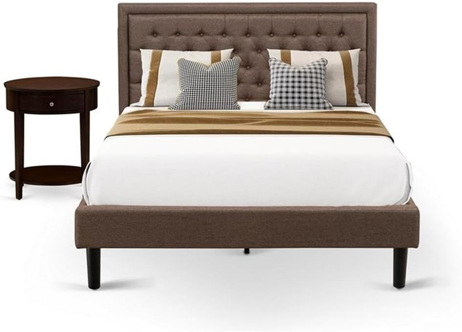 East West Furniture KD18Q-1HI0M 2 Piece Queen Size Bed Set - 1 Queen Bed Frame Brown Linen Fabric Padded and Button Tufted Headboard with 1 Night Stands - Antique Mahogany Finish Nightstand