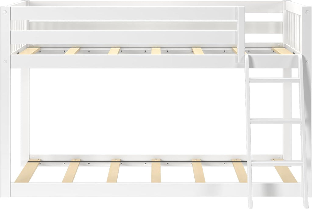 Max & Lily Fundamental Twin Low Bunk Bed, Kids Solid Wood Modern Bed Frame with Strong Wooden Slats, Non-Toxic Finishes, High Weight Capacity, White