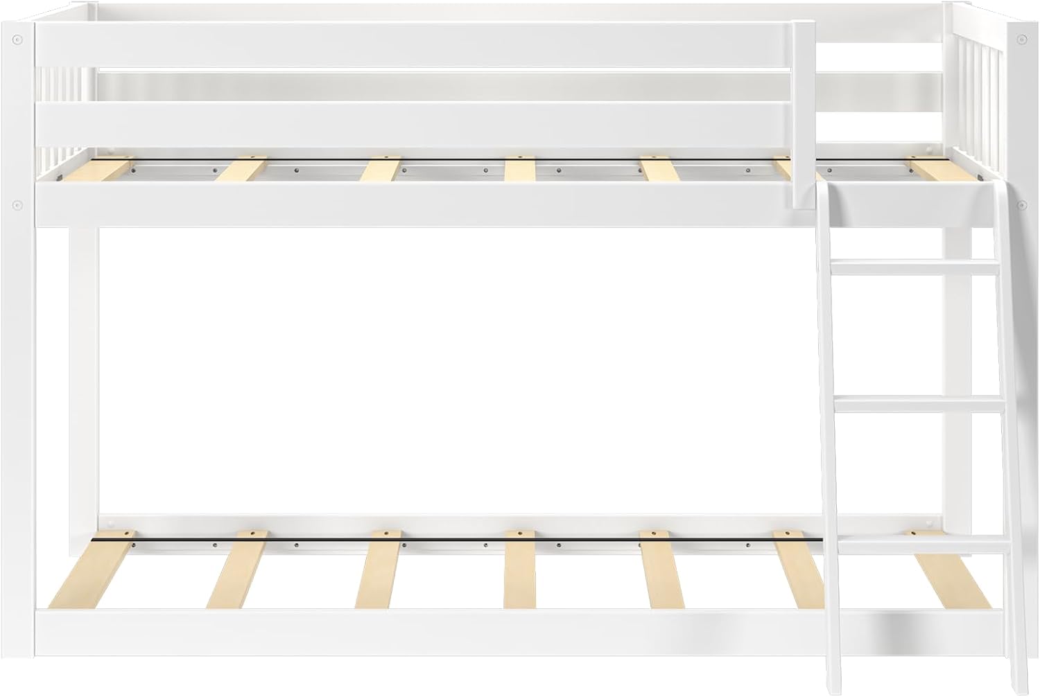 Max & Lily Fundamental Twin Low Bunk Bed, Kids Solid Wood Modern Bed Frame with Strong Wooden Slats, Non-Toxic Finishes, High Weight Capacity, White