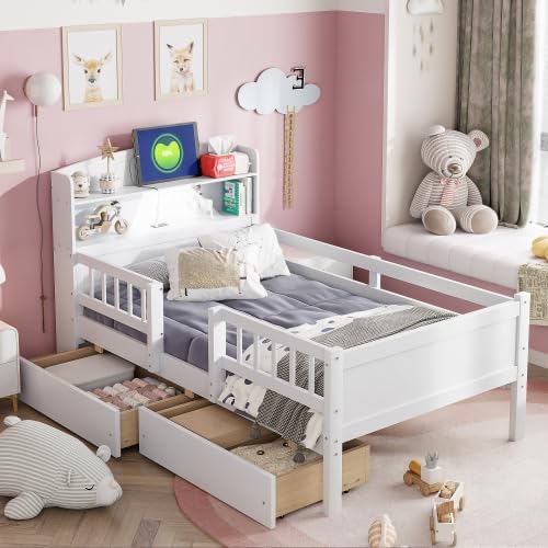 Bellemave Twin Size Kids Platform Bed with Fences and 2 Drawers, Wooden Twin Bed Frame with Storage Headboard and LED Light for Girls Boys, White