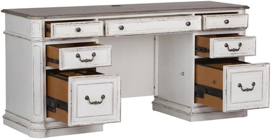 Liberty Furniture Magnolia Manor Credenza Desk for Home Office - Antique White & Weathered Bark