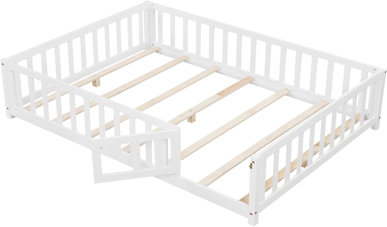 Giantex Full Size Floor Bed for Kids, Low Montessori Bed with Wood Slats & Safety Guardrails, Solid Wood Full Floor Beds with Fence and Door for Kids Boys Girls, White