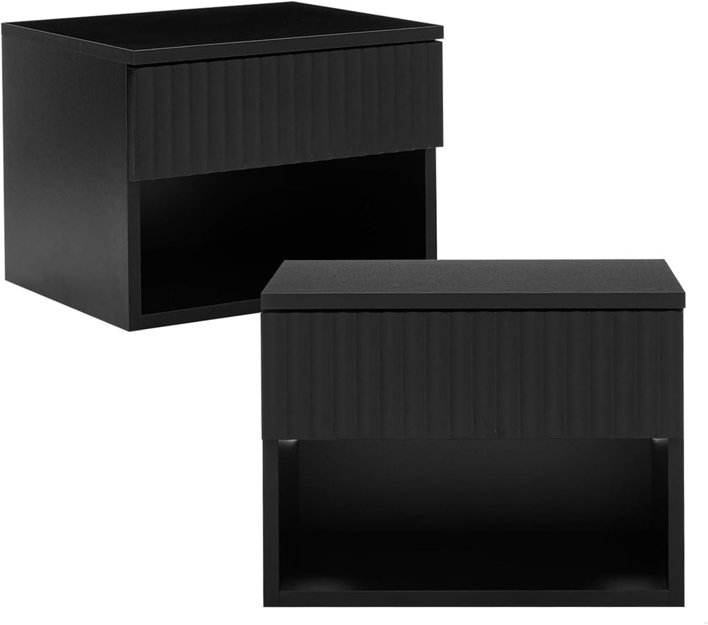 Floating Nightstand Set of 2, Wall Mounted Cabinet with Storage Drawer, Bedroom Bedside Table with LED Light, Modern Night Stand for Dorm Hallway Entryway, Black