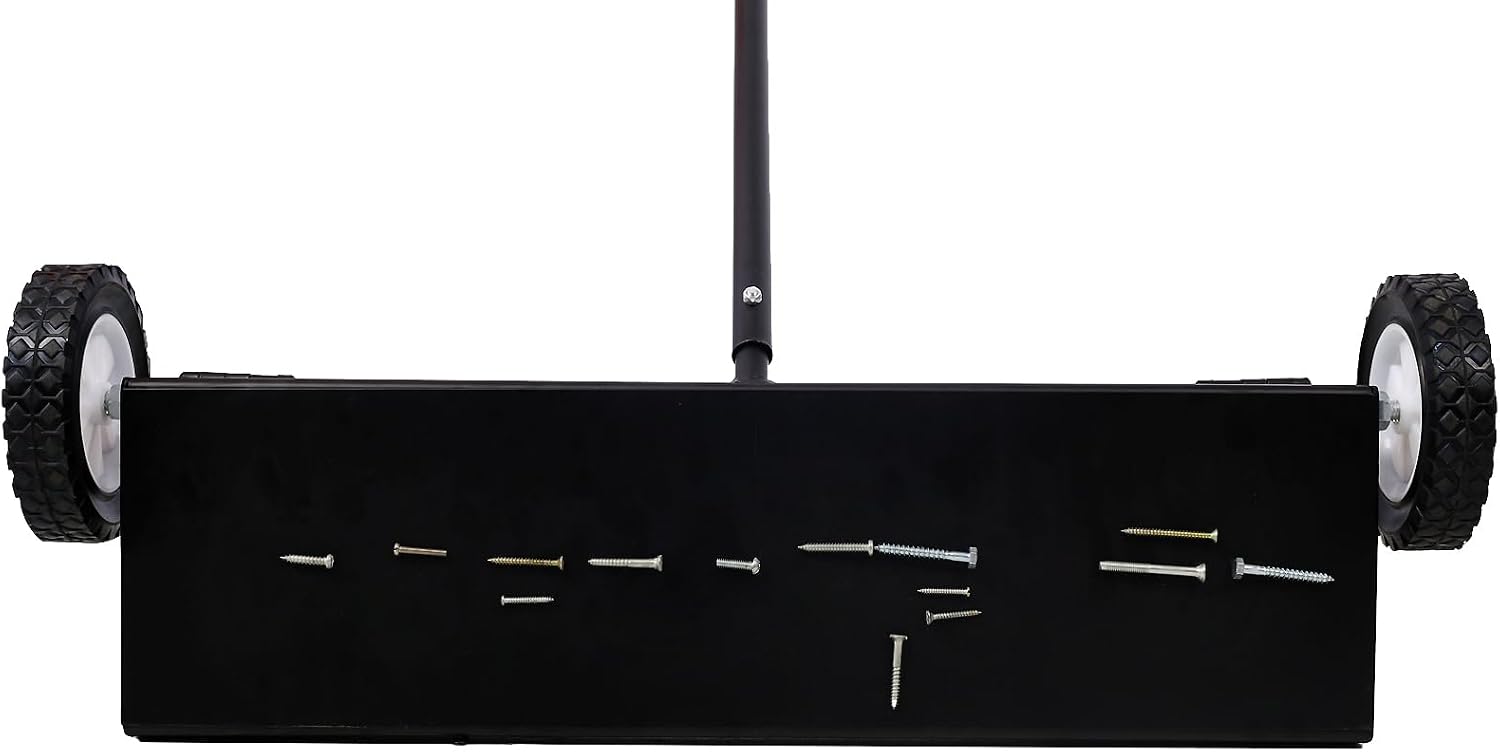 24'' Rolling Magnetic Pick-Up Sweeper with Quick Release Heavy Duty Magnetic Sweeper with All Terrain Wheels 100 Pound Capacity Push-Type Ergonomic Handle for Picking Up Nails Screws Metal Debris