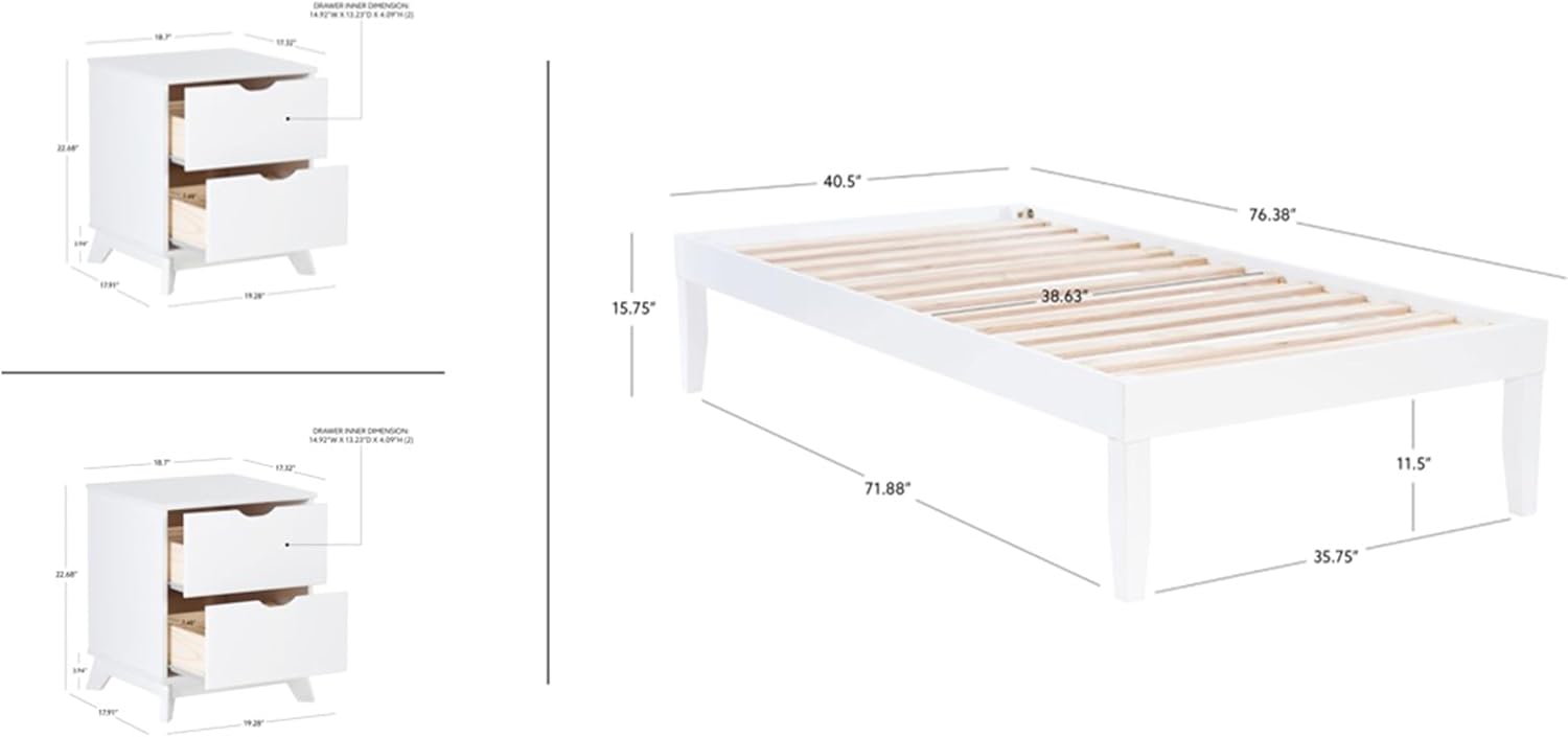 Powell Fordham White Solid Pine Wood Twin Sized Platform Bed with Set of 2 Two Drawer Nightstands