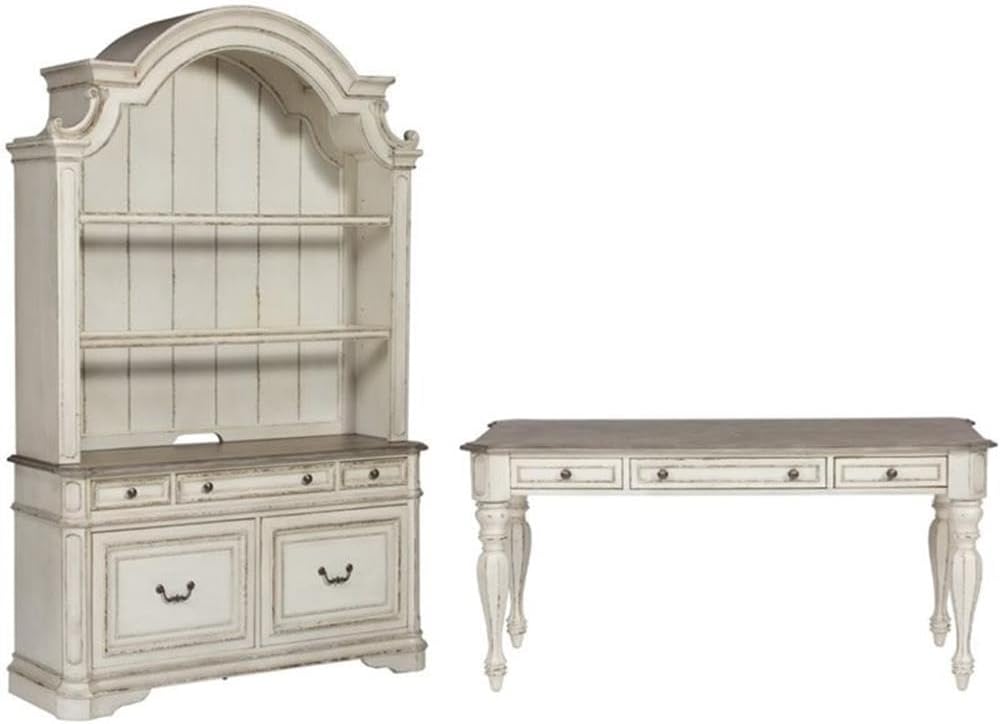 Liberty Furniture Magnolia Manor 3 Piece Desk, Credenza & Hutch Set for Home Office - Antique White & Weathered Bark