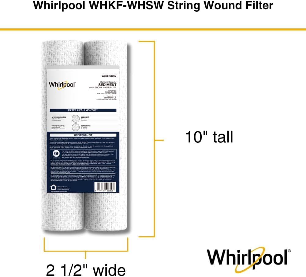 Whirlpool 10' x 2.5' Whole House Sediment Water Filters, WHKF-WHSW, 35 Micron, NSF Certified Reduces Sand, Soil, Silt & Rust for Standard Filter Housings, 24-Pack