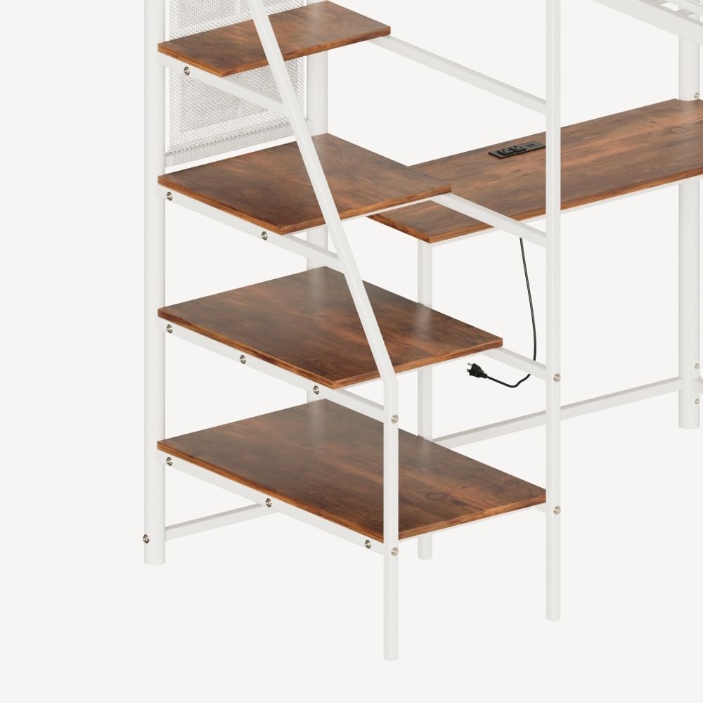 Twin Sized loft Metal Bed with Black for Bedroom and Dormitory, with Built-in Charging Station and LED Lighting (White + Metal & Wood + Bedroom)