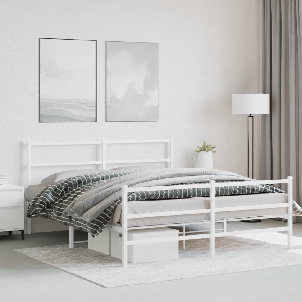 Modern King Size Bed Frame 59 x 79 in White Powder-Coated Steel, Strong Metal Construction with Breathable Fabric for Superior Stability and Elegant Aesthetic, Compact Design
