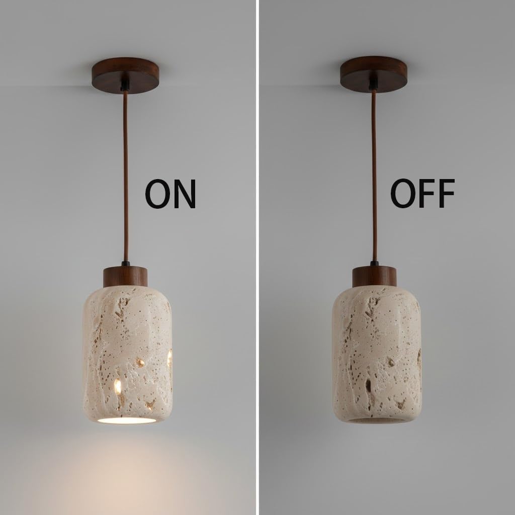 Lámpara Colgante Piedra Travertino Natural Pantalla Tipo ARO Luminaria Techo Luz Suspendida Chandelier para Cocina Isla Barra Recámara Entrada Iluminación Interior