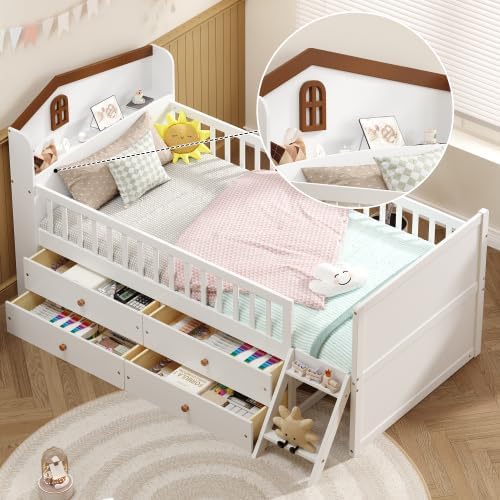 Bellemave Kids Platform Bed with Guardrail Headboard and Ladder, Twin Size Wooden Bed Frame with 4 Drawers for Boys Girls, White