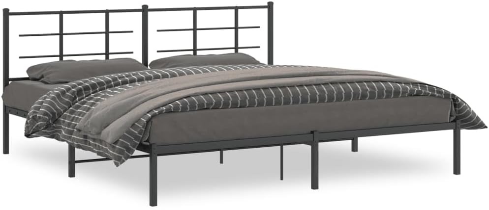Black Powder-Coated Steel Double Bed Frame with Chic Headboard and Underbed Storage, 4-Piece Modern Bedroom Furniture Set for Enhanced Stability and Space Efficiency