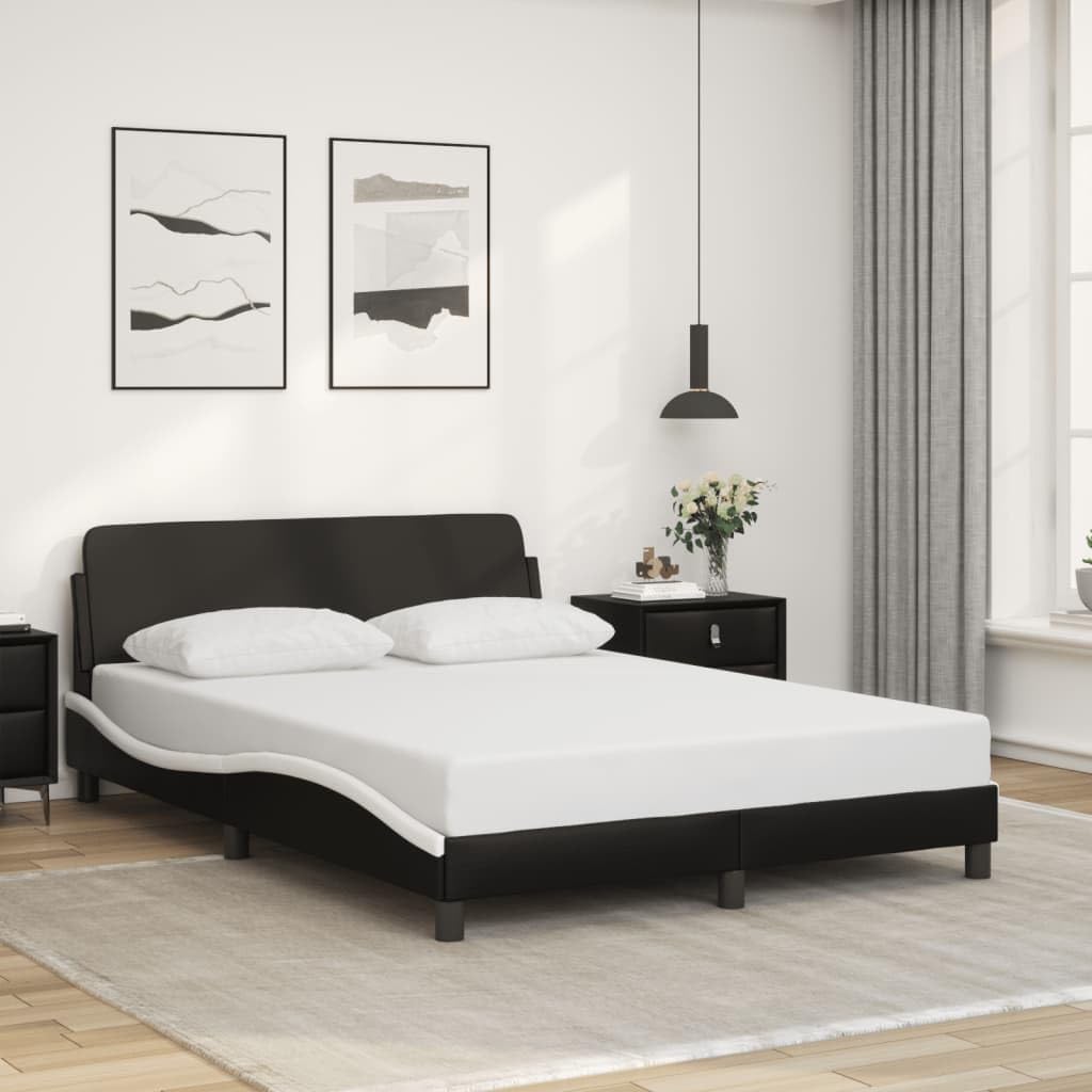 Upholstered Platform Bed Frame Black and White Queen Size Faux Leather with Waved Design for Modern Bedrooms