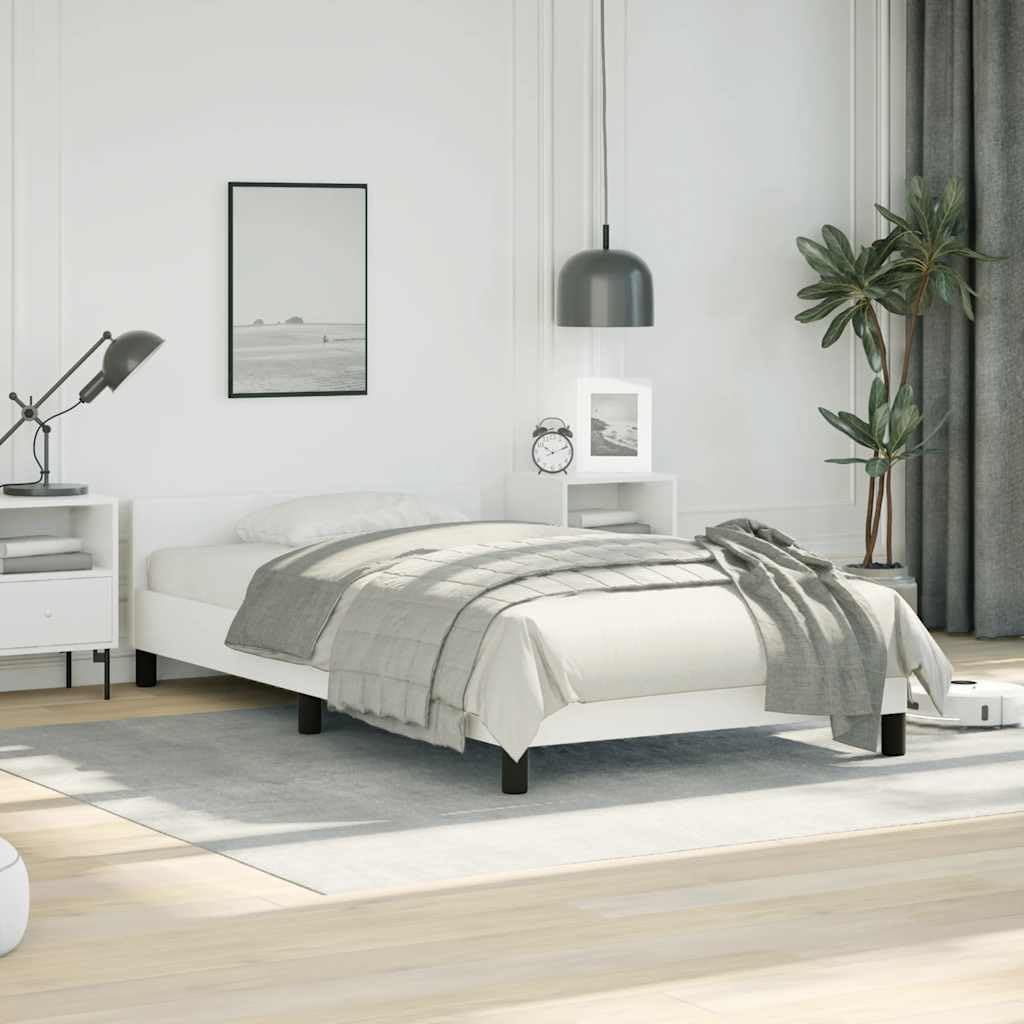 White Twin Bed Frame with Headboard, Faux Leather Upholstered Platform Bed Frame No Box Spring Needed Sturdy Slat Support for Bedroom Furniture