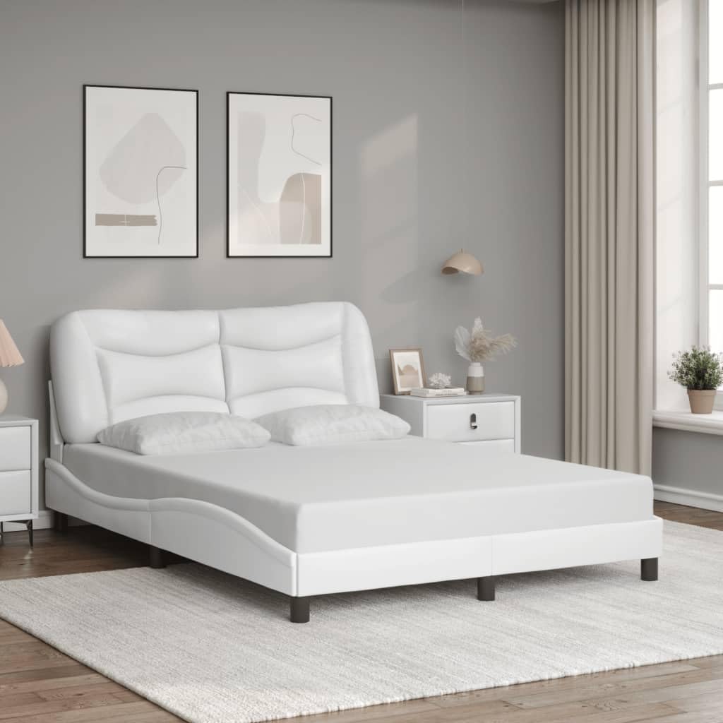 Modern White Bed Frame with Upholstered Headboard and Waved Side Design, Sturdy Pine Wood Construction for Double Size Mattress, Stain-Resistant Faux Leather, Contemporary