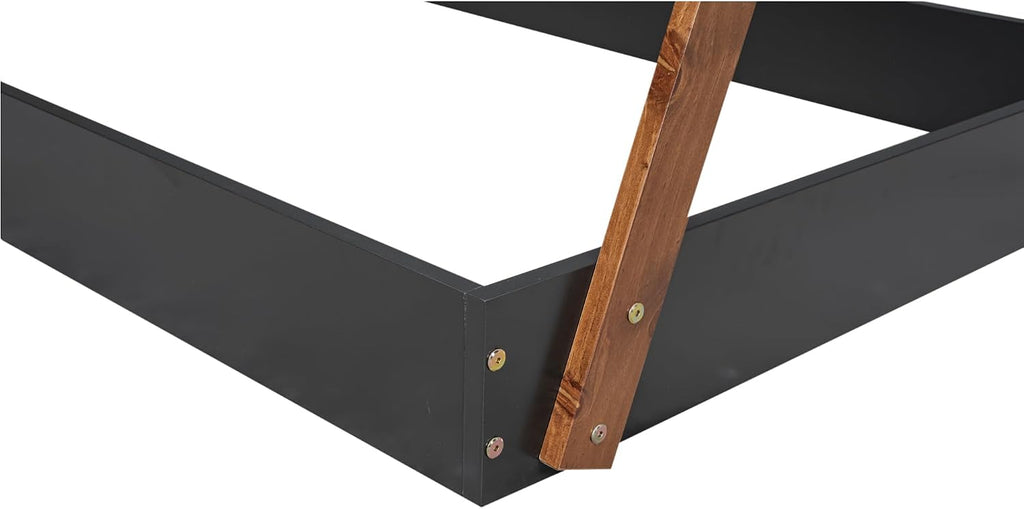 Twin Size Tent Floor Bed with Triangle Structure, Wood Floor Bed Frame, Twin Size Montessori Bed Playhouse House Platform Bed with X-Shaped Safety Railings for Kids Boys Girls (Black+Brown & Twin)