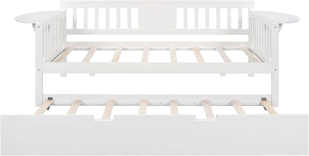 Twin Solid Wood Daybed and Trundle Frame Set with Headboard, Modern Sofa Bed with Tables/Rails for Bedroom Living Room (White+Tables)