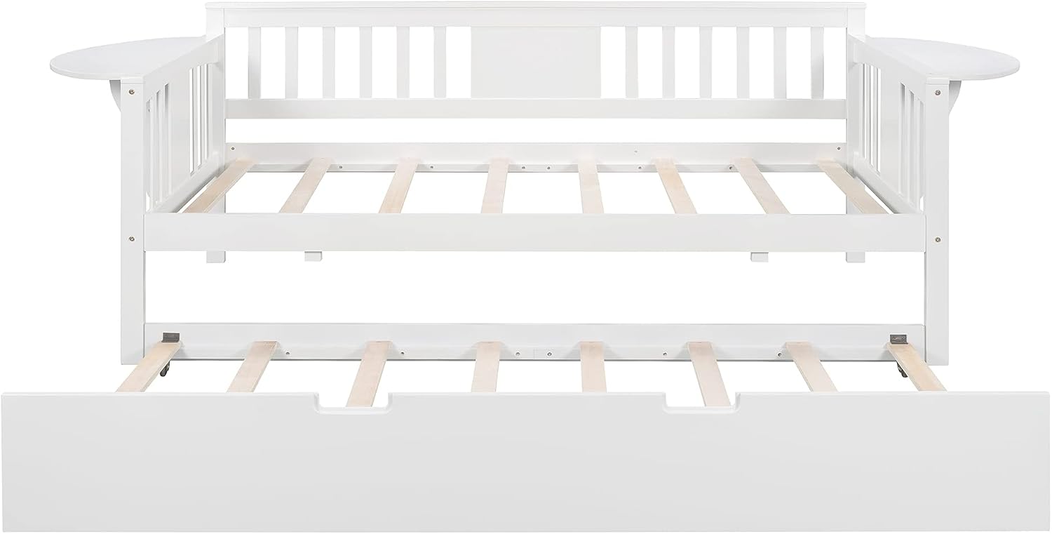 Twin Solid Wood Daybed and Trundle Frame Set with Headboard, Modern Sofa Bed with Tables/Rails for Bedroom Living Room (White+Tables)