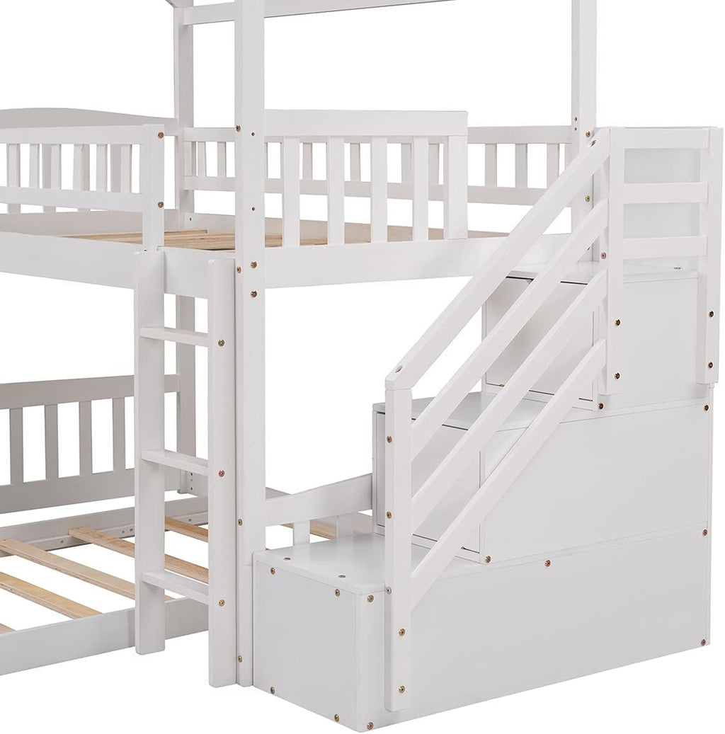 Twin Over Twin Bunk Beds with Slide and Storage Steps, Bunk Bed for Kids Toddlers, Playhouse Farmhouse Roof Guardrail Ladder 2 Drawers, for Girls/Boys, No Spring Box Required (White+Storage Steps)