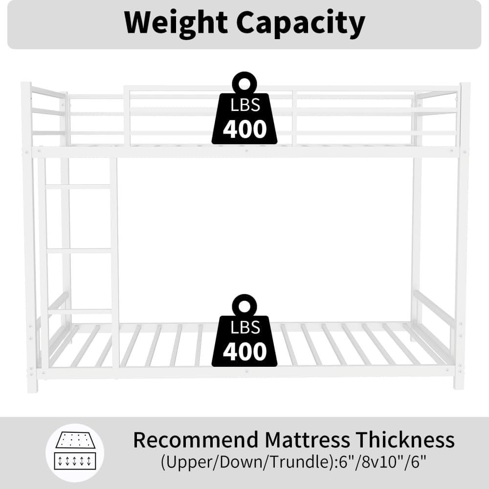 Twin Over Full Metal Bunk Bed, with Ladder & Full-Length Guardrail for Teens Adults, Noise Free (White + Metal + Metal-1)