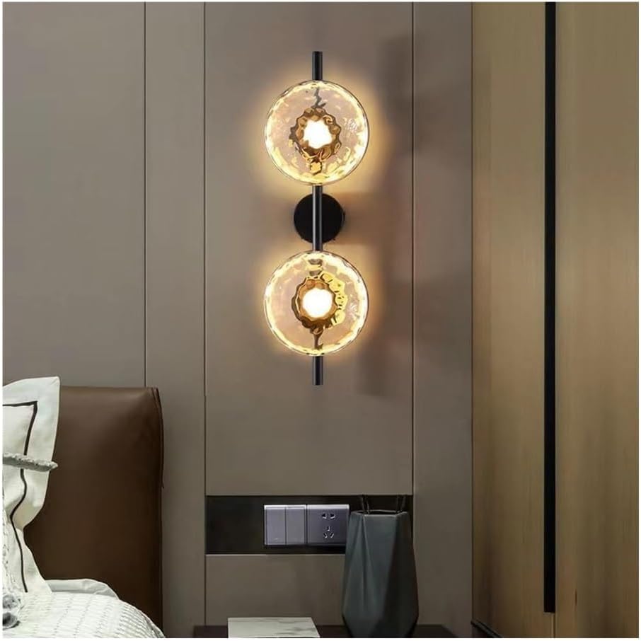 Aplique de pared LED de latón cepillado - Lámpara geométrica de Cristal, luminaria de Hierro posmoderna de 2 Luces, Estilo nórdico para dormitorio, sala de Estar o pasillo, 65 cm de Alto