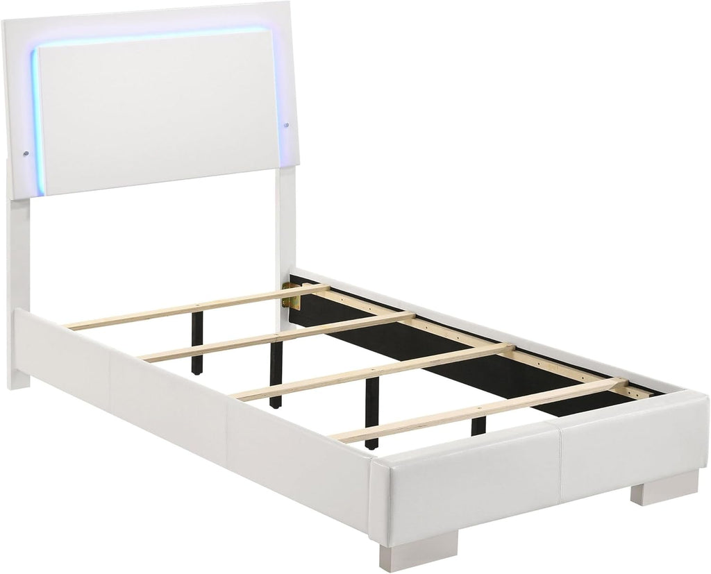 Benjara Sok 4pc Twin Size Bedroom Set- Modern White/LED Upholstered Headboard