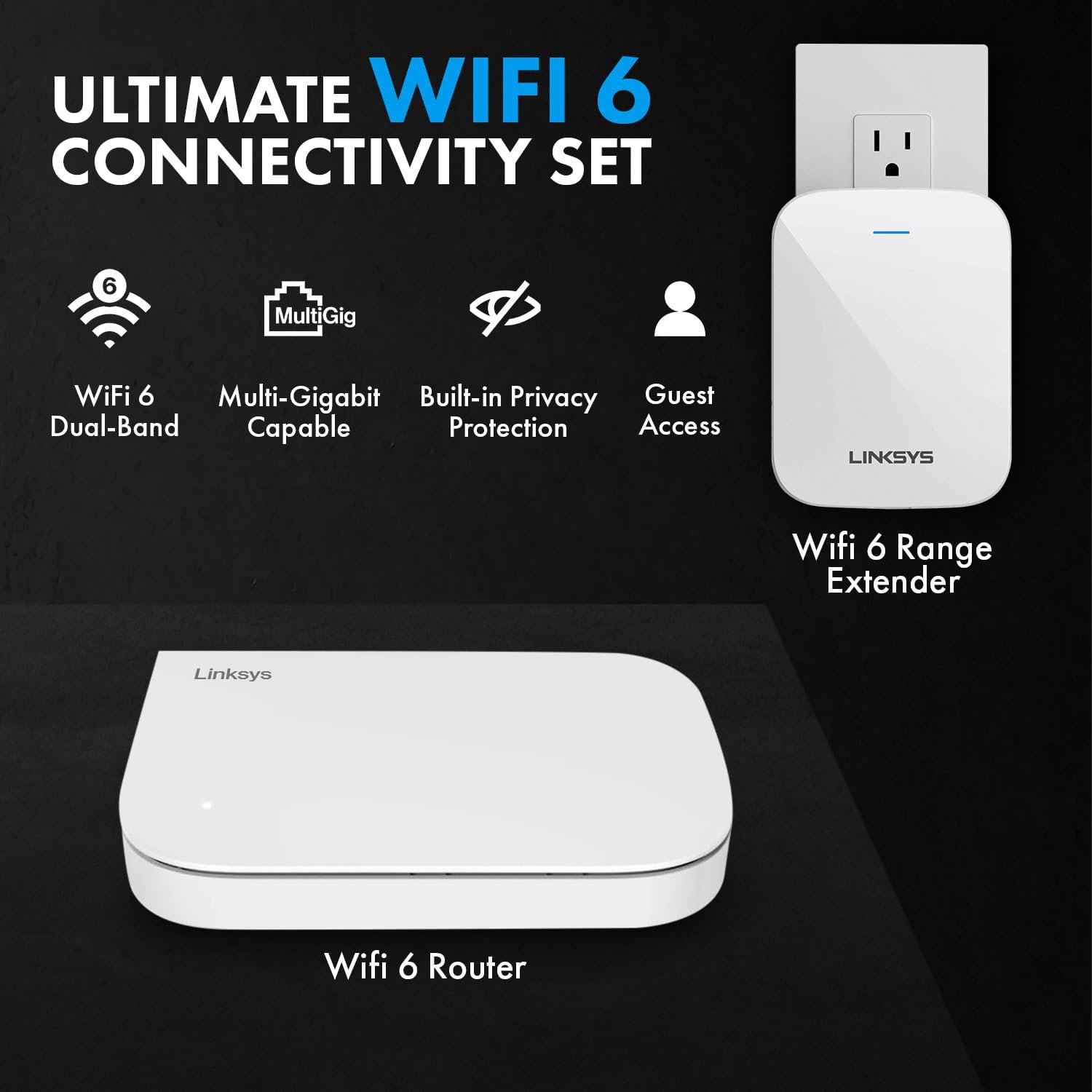 Linksys Router & WiFi Extender Combo,Includes WiFi 6 Router and WiFi Range Extender for Superior Coverage, Ideal for WiFi Extender Signal Booster and Internet Router for Reliable Internet Performance