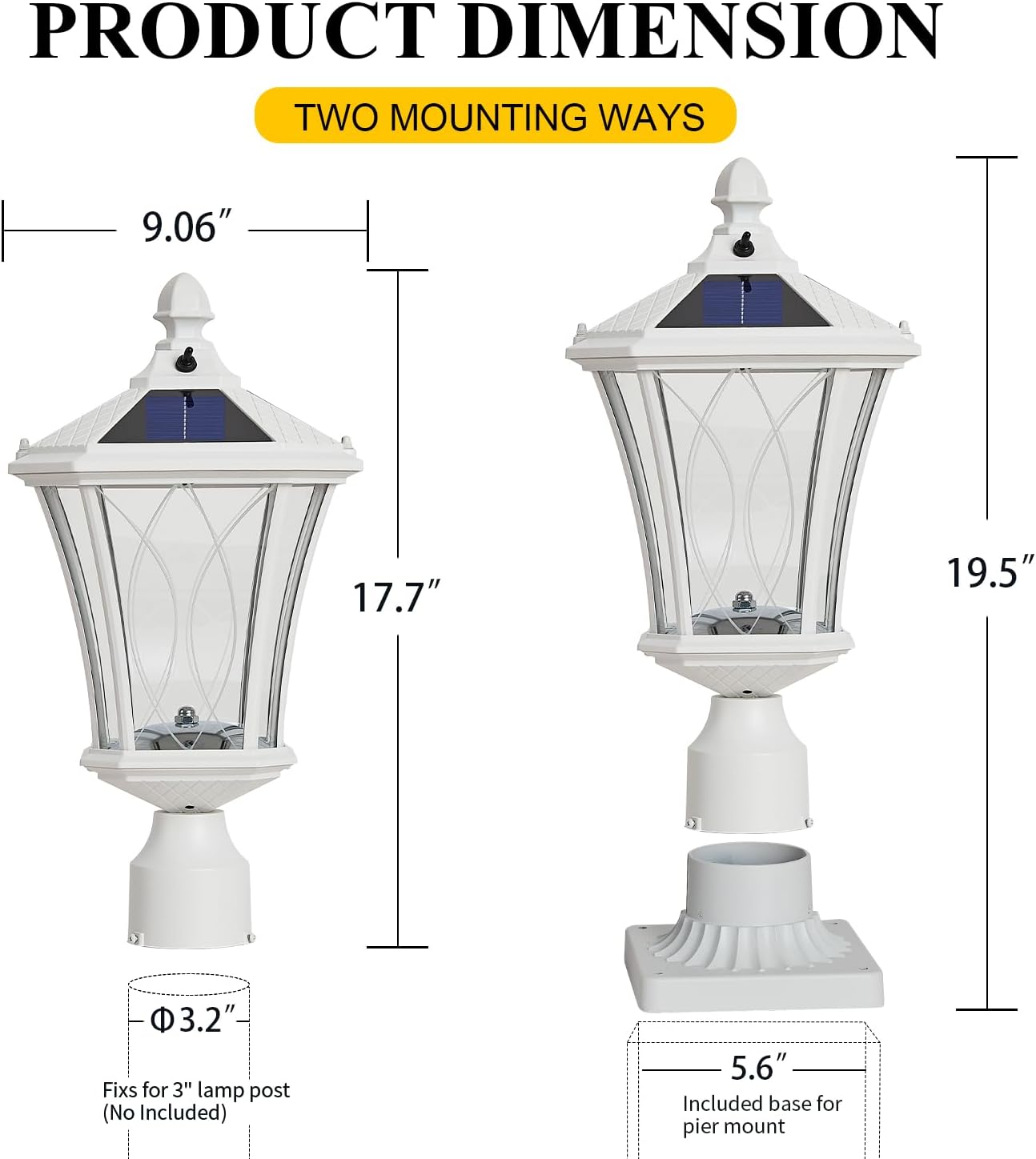 Outdoor Solar Post Lights with Pier Mount Base, White Dusk to Dawn Pillar Lamps with Patterned Glass, Waterproof Exterior Pole Lanterns with for Patio, Garden, Porch