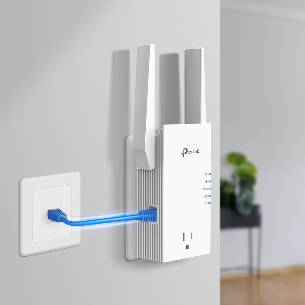 TP-Link RE765X AX3000 WiFi 6 Range Extender w/Smart Plug Integrated Passthrough | Dual-Band Wireless Repeater w/Ethernet Port | Up to 2400 Sq. Ft., 64 Devices | EasyMesh Compatible | App Setup
