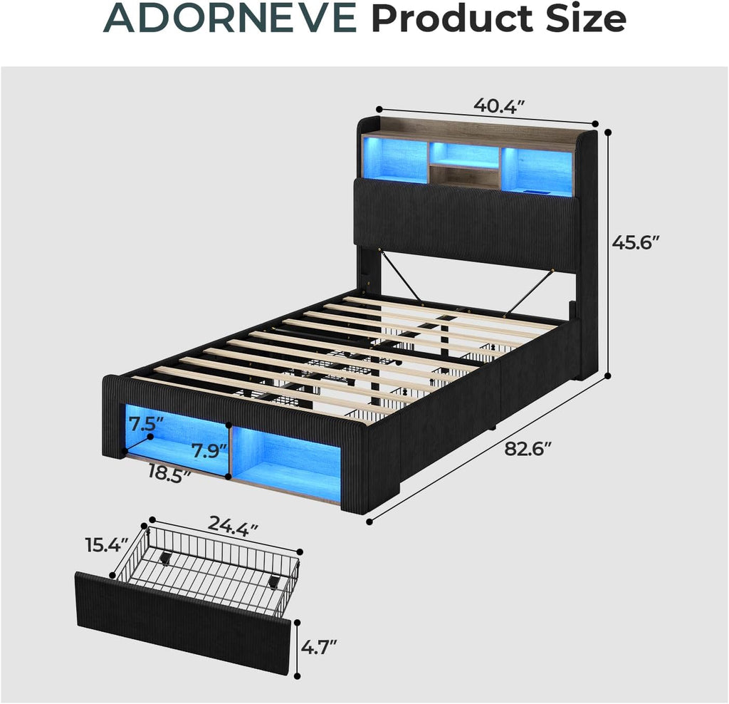 ADORNEVE Twin Bed Frames with 4 Storage Drawers, 2 Footboard Cubbies and RGB Lights, Corduroy Upholstered Platform Bed with Charging Station and Storage Headboard, No Box Spring Needed, Black