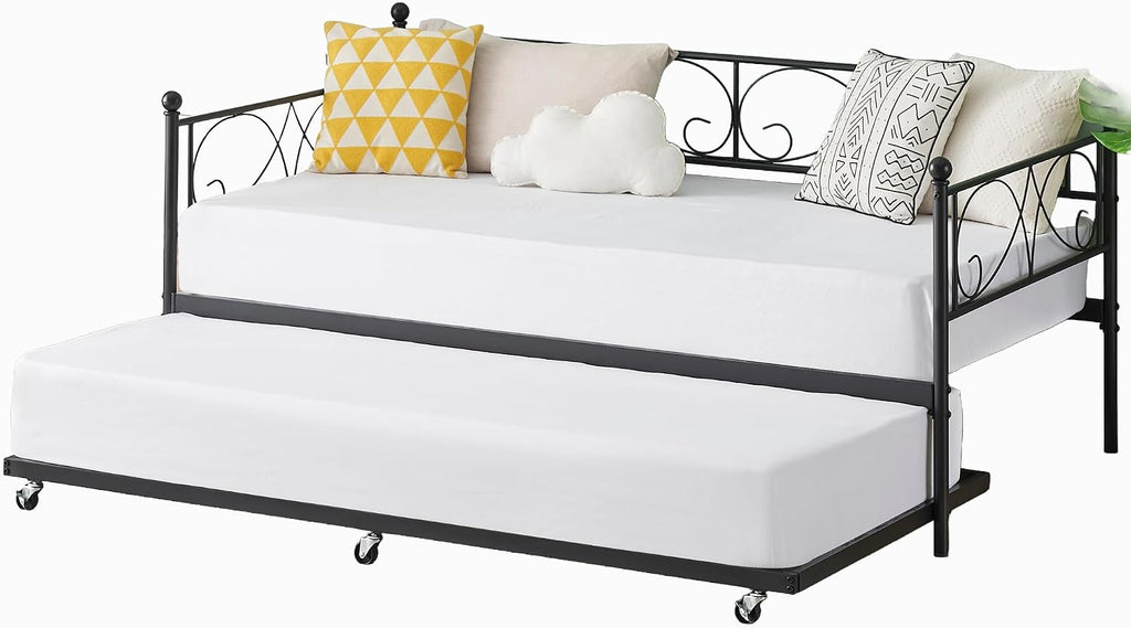 Heavy Duty Twin Daybed with Trundle, Metal Sofa Bed Frame with Floral Headboard & Slats, No Box Spring Needed, Multifunctional Platform Bed for Guest Room, Bedroom,Black